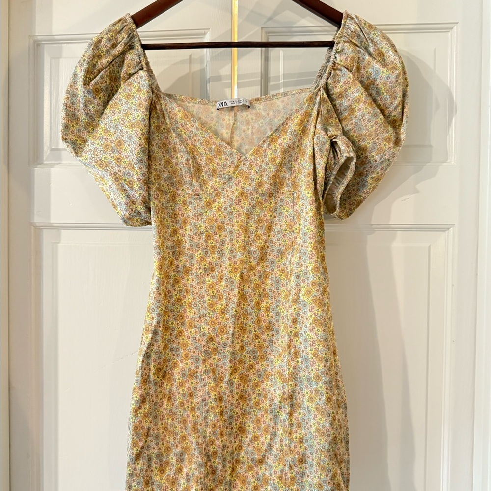 Zara Satin Effect Puff Sleeves Floral Print Mini Dress Size Small